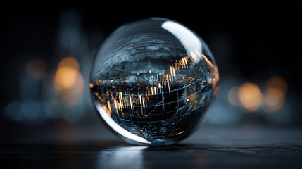 Stock market chart in a crystal ball, illustration, mystery dark background, light reflections and effects, created with generative AI technology -