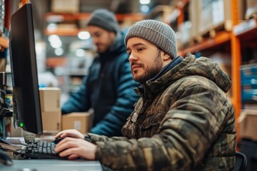 Young man with Down syndrome working in a warehouse, with a colleague teaching him to use a computer. This scene highlights workplace inclusion and support for individuals, Generative AI
