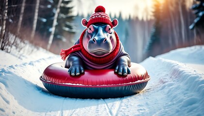 Hippopotamus wearing red winter wool hat and scarf sliding down snowy hill on snow tube in a sunny winter day