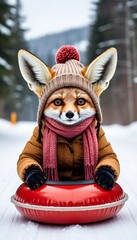 Anthropomorphic fox wearing a knitted hat and scarf enjoys snow tubing on a snowy slope in a winter wonderland
