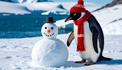 Funny penguin wearing red scarf and woolen hat looking at snowman in a snowy Antarctic landscape