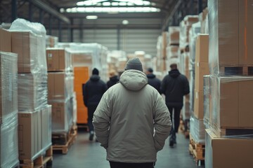 Rear view of warehouse workers walking through a warehouse, preparing products for shipment and showcasing efficient team coordination, Generative AI