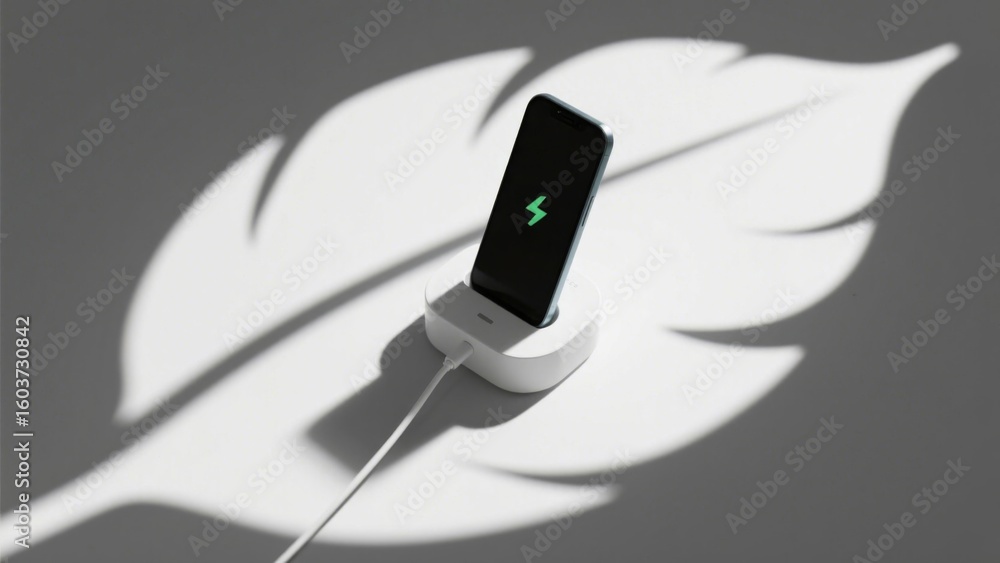 Aufkleber smartphone charging on a minimalistic dock with a leaf shadow in a well-lit indoor setting