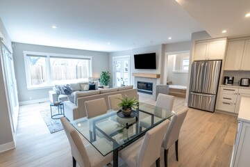 Modern living room and dining area in new construction home, glass table with chairs, TV on wall above fireplace, white oak floors, cozy natural lighting, modern farmhouse style.