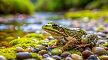 Obraz premium A vibrant green frog peacefully rests on moss-covered stones beside a gently flowing stream