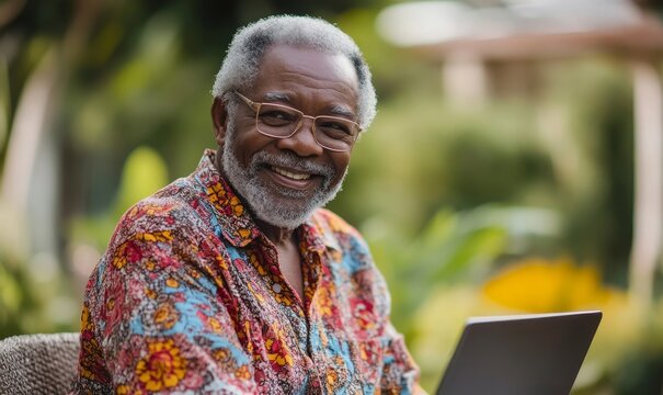 Black elderly man on a laptop outdoors in a garden. Smiling African American senior male enjoying fresh air, communicating on a video call on a computer.Life insurance, Generative AI