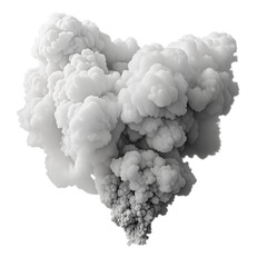 Dense gray smoke cloud rising upward, isolated on transparent background. Realistic plume with detailed texture, resembling explosion aftermath or industrial smoke.