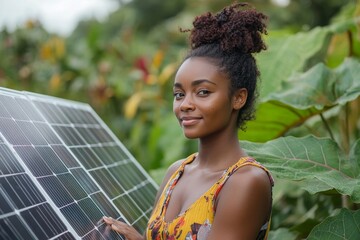 Woman holding a solar panel and tablet in her garden, looking into grants and funding for solar panel installation to promote sustainable living, Generative AI