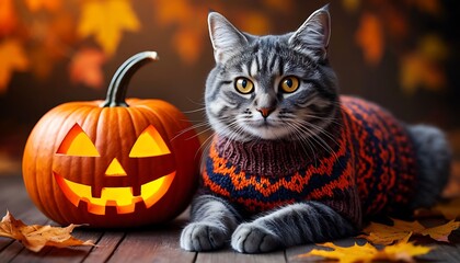 Gray cat wearing orange and brown sweater lying on wooden floor near illuminated halloween pumpkin and autumn leaves