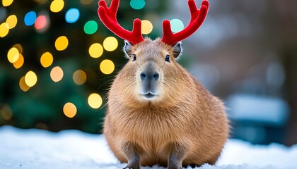 Capybara wearing red reindeer antlers, posing in the snow in front of a Christmas tree with blurred lights