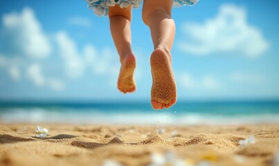 Close-up of a young girl's legs jumping on the sand beach, capturing the carefree joy of summer activities, Generative AI