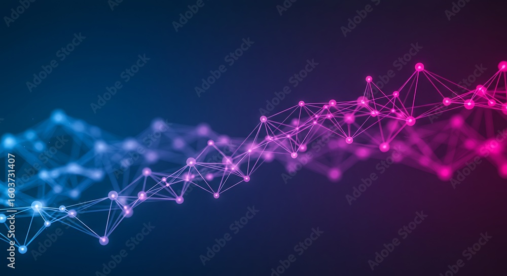 Aufkleber abstract network of glowing nodes and lines transitioning from blue to pink on a dark background