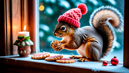 Adorable squirrel wearing a christmas hat eating a gingerbread cookie on a snowy windowsill with christmas decorations and candle