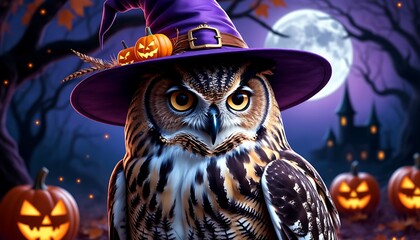 Halloween owl wearing witch hat with pumpkins celebrating in front of haunted castle and full moon
