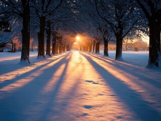 Sunlight streams through snow-covered trees on a winter's day.