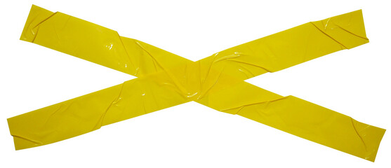Torn crumpled cross adhesive yellow tape on transparent background. x sign. 2 piece of cross plastic, glossy shine texture.	