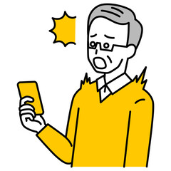スマートフォンの画面を見て驚く年配の男性