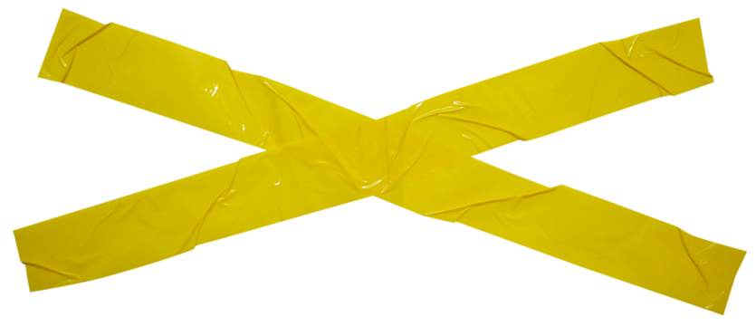 Torn crumpled cross adhesive yellow tape on transparent background. x sign. 2 piece of cross plastic, glossy shine texture.	