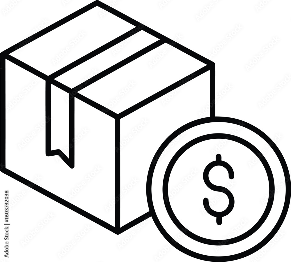 Poster outline icon of a closed package with dollar coin isolated on transparent background