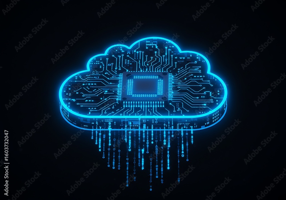 Poster glowing blue neon cloud with circuitry and data streams on black background