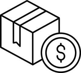 Outline icon of a closed package with dollar coin isolated on transparent background