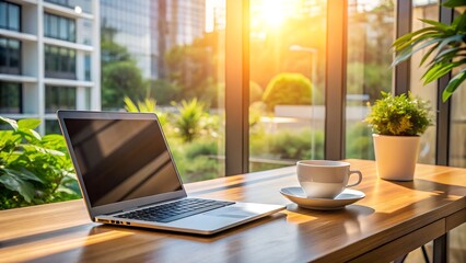 Fototapeta premium Photo of laptop and coffee cup on a desk with a view of a sunny cityscape