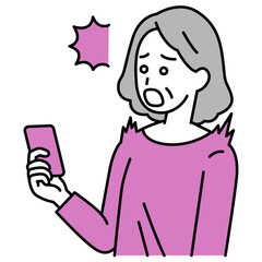 スマートフォンの画面を見て驚く年配の女性