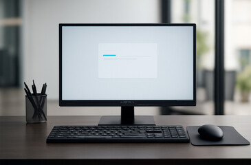 Close-up of a desktop computer monitor, keyboard, and mouse on an office desk, showcasing essential PC hardware and technology