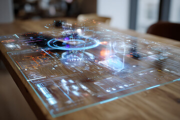 Experience the future of data interaction with this dynamic holographic interface displaying complex information and analytics.