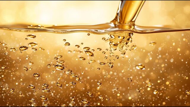 抽象的なゴールドの液体を注ぎ、浮かび上がるバブル。