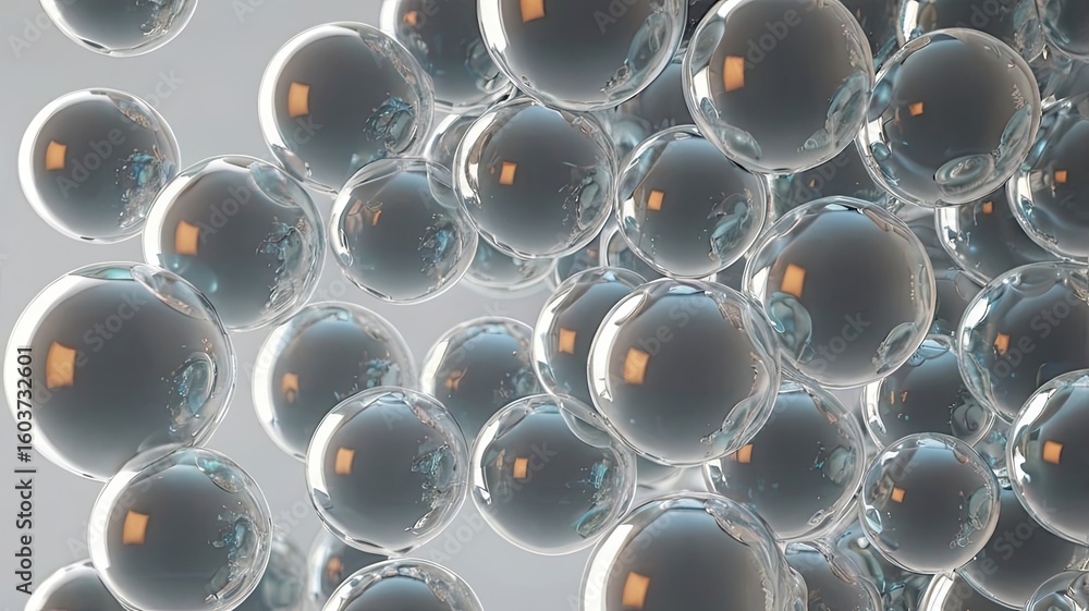 Fototapete a cluster of transparent spheres with light reflections against a light gray background rendering ar
