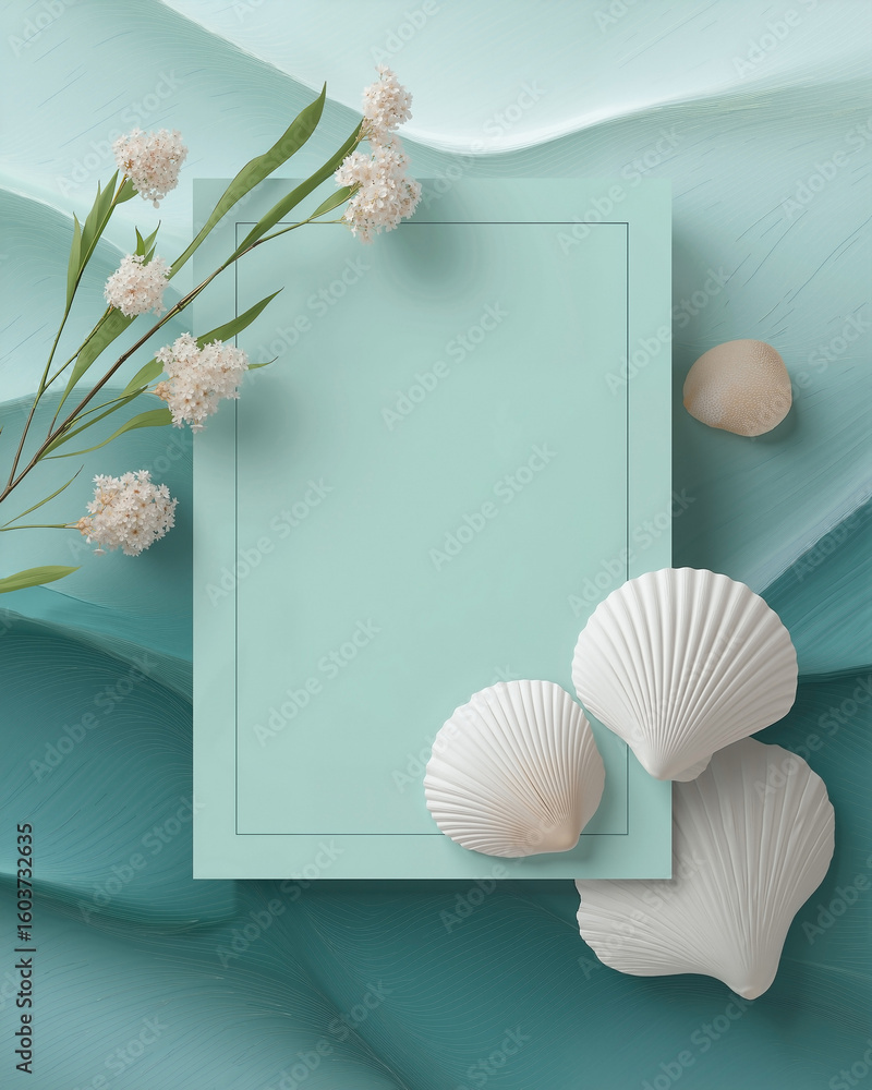 Poster mint green gradient background with clear text area, subtle ocean wave patterns, postcard frame, and