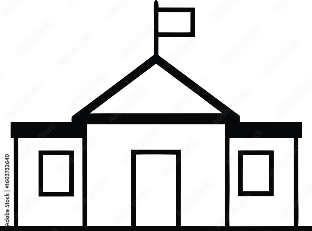 Poster symmetrical school building with flag isolated on transparent background