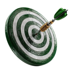 A close-up view of a green and silver dartboard with a dart stuck in the bullseye, representing precision and focus.,transparent png
