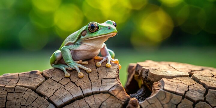A vibrant green tree frog perched atop a weathered, sun-baked log, basking in the soft light of a tranquil natural setting