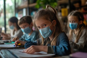 Group of homeschooling children studying indoors with a teacher, highlighting educational flexibility and adaptation during the coronavirus pandemic, Generative AI