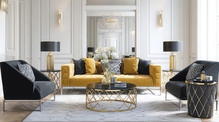 art deco living room, gold accents, geometric patterns, velvet furniture, luxurious lighting, vintage elegance 