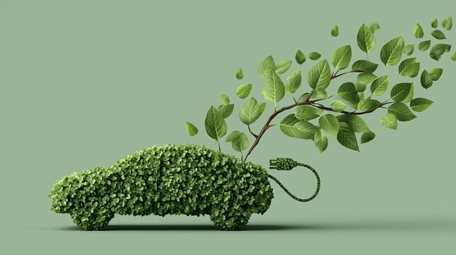  Green car made of grass and leaves is charging. - Representing electronic energy or sustainable power.showcasing sustainable transportation and ecofriendly automotive design.