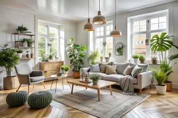 Fototapeta premium Photo of bright living room filled with plants comfortable sofa and natural light