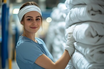 Portrait of a female nurse or housekeeping staff member changing sheets in a hospital, providing care and ensuring cleanliness in healthcare facilities, Generative AI
