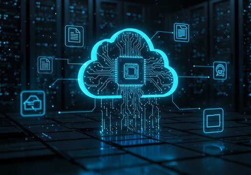 Digital cloud computing network with data flow and server room background