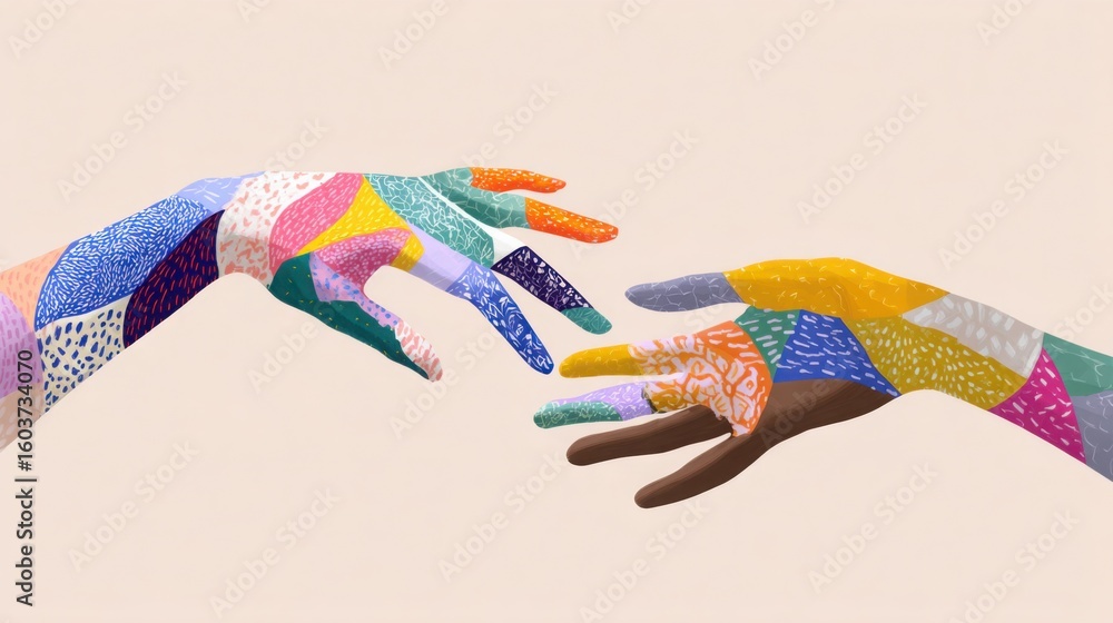 Poster close-up of two hands reaching toward each other but not touching, one with colorful patterns repres