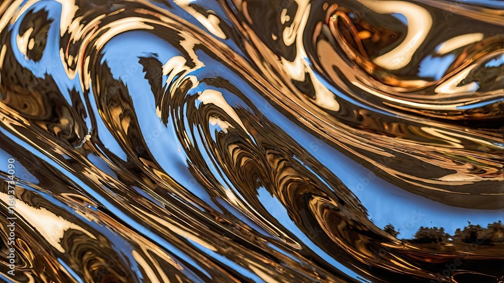 Aufkleber abstract chrome liquid with blue sky reflections creating a swirling patterned surface effect view