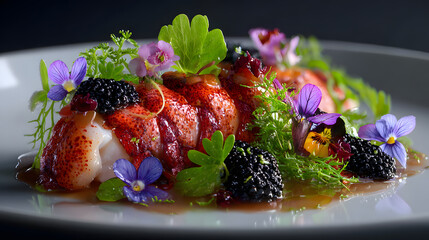 A gourmet dish of succulent lobster segments, artfully arranged with black caviar, colorful edible flowers, and fresh greenery on a light plate.