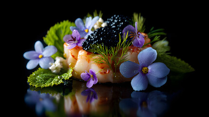 An exquisitely plated dish of tender lobster meat adorned with black caviar, fresh herbs, and vibrant edible flowers against a dark, reflective background.