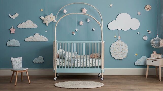 A baby room with a light blue crib, a chair, a bedside table, and cloud and star decorations - Powered by Adobe