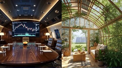 A private jet boardroom contrasts with a sunlit greenhouse - Powered by Adobe