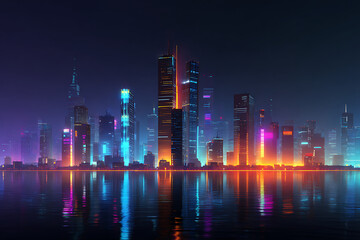 Vibrant neon city skyline glows with electric blue and orange light reflecting on water at night