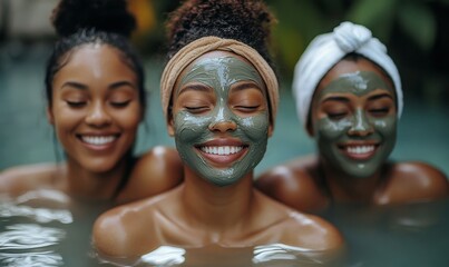 Happy candid Black female friends wearing skincare clay mud face masks, enjoying a girlfriend spa day out, Generative AI