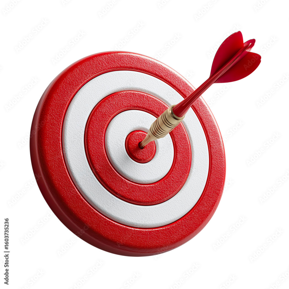 Poster a dartboard with a red dart perfectly hitting the center, symbolizing precision and success in achie